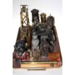 Two miners lamps and mining ornaments, metal money boxes, clock, 'The Cheats' playing card ornament,