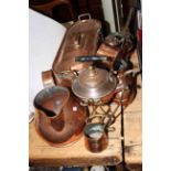 Copper wares including fish kettle, measures, pans, spirit kettle,