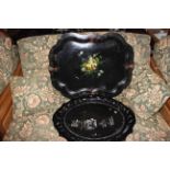 Two large papier mache trays with mother of pearl decoration