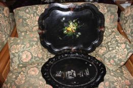 Two large papier mache trays with mother of pearl decoration