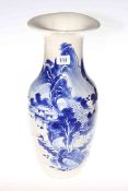 Oriental pottery blue and white vase decorated with village and mountain scene