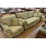 Good quality Canterbury three piece lounge suite in green fabric