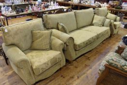 Good quality Canterbury three piece lounge suite in green fabric