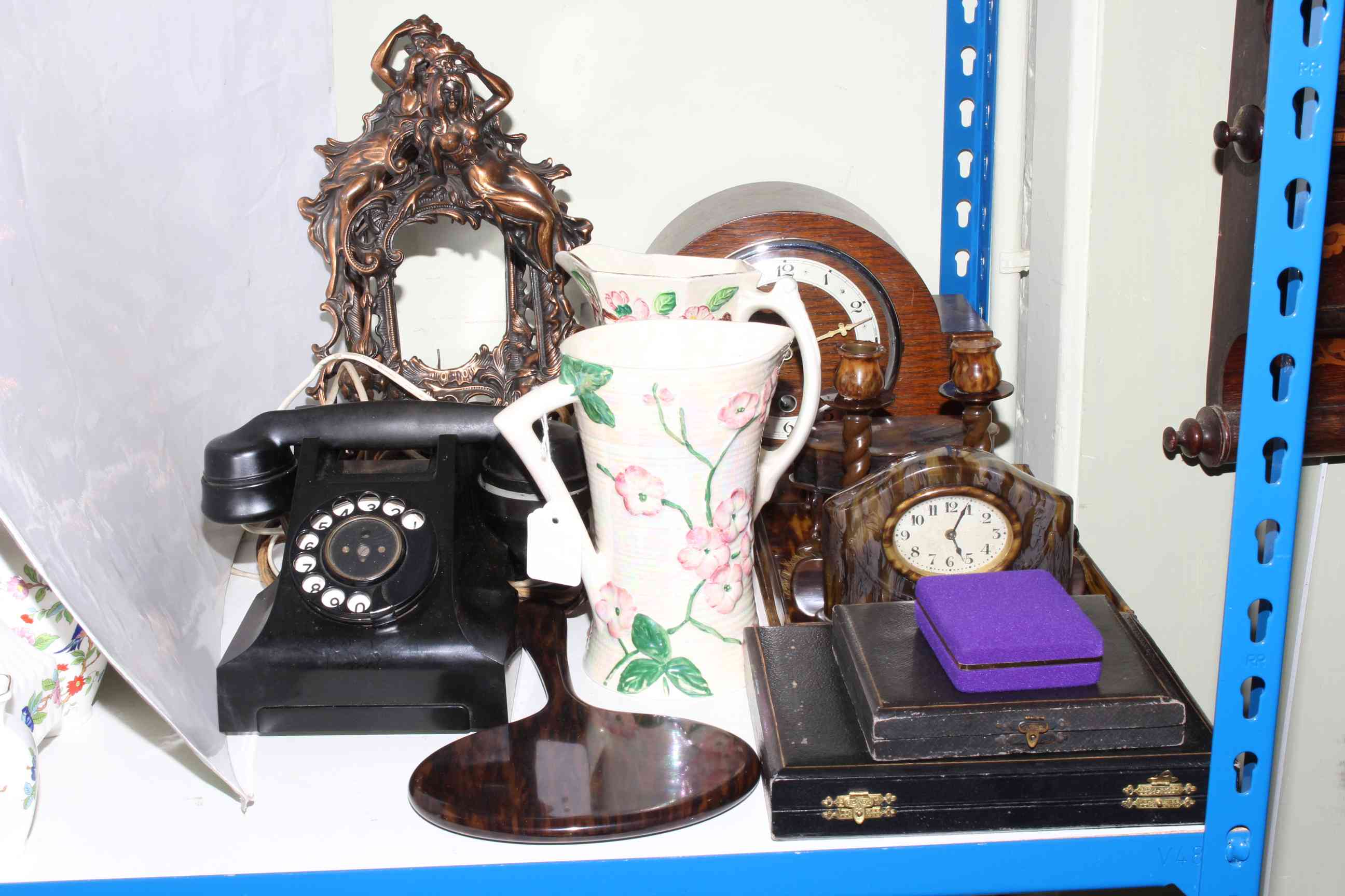 Vintage telephone, pair of metal photograph frames, oak mantel clock, dressing table ware, cutlery,