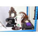 Vintage telephone, pair of metal photograph frames, oak mantel clock, dressing table ware, cutlery,