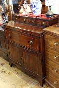 Victorian mahogany and satinwood banded secretaire cabinet on splayed bracket feet,