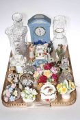 Glass decanter, two vases, Waterford glass clock and tortoise, two Coalport cottages,