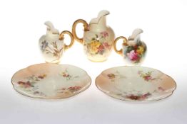 Three Royal Worcester blush flat sided jugs and two plates (5)