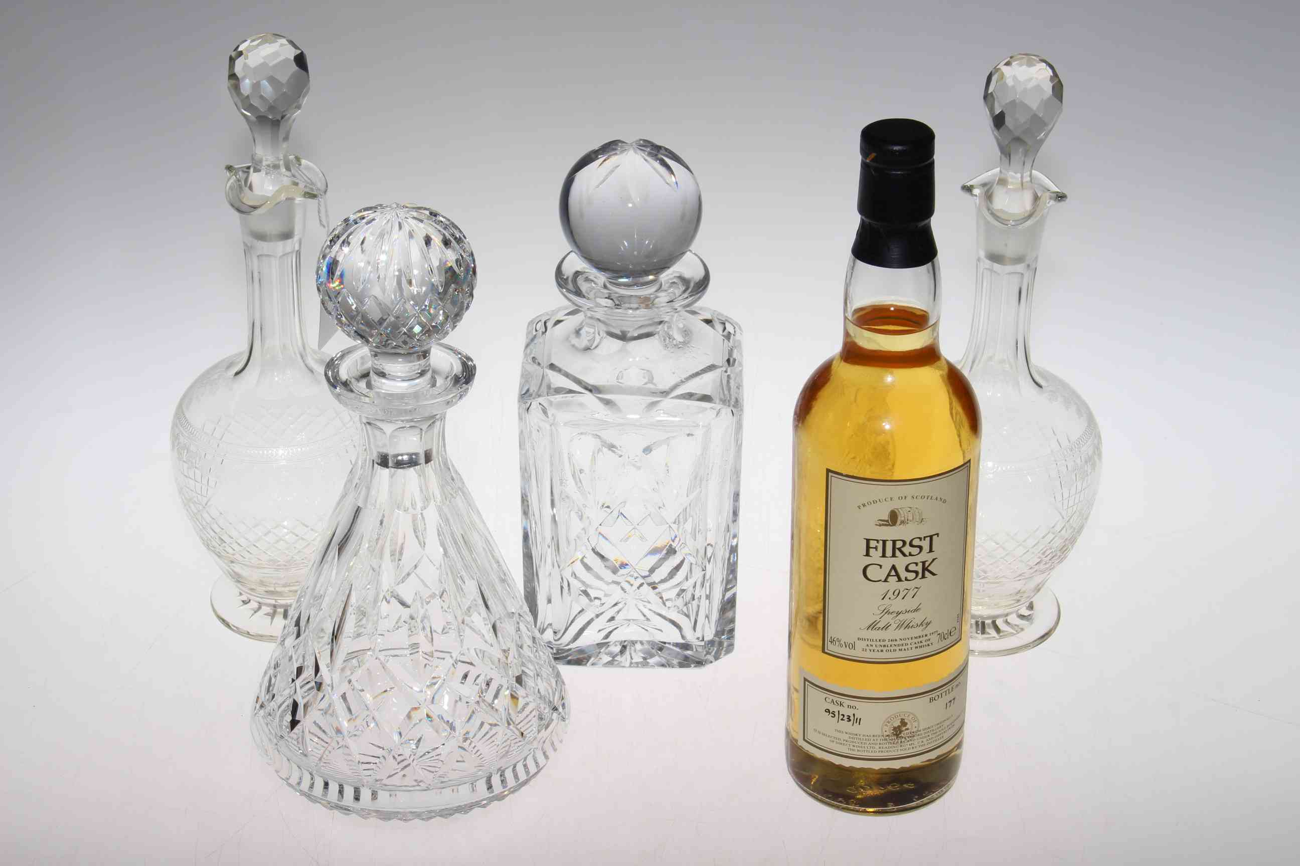 Waterford and other crystal glass decanters,