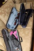 Cased violin, child's violin and bow and battery violin,