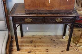 Victorian carved oak two drawer side table