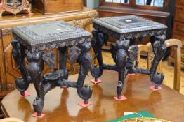 Pair Indian carved elephant stools/plant stands,