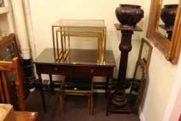 Mahogany two drawer side table, two nests of glass topped tables, two mirrors, jardiniere and stand,