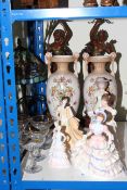 Pair of spelter figures, Tiffany style lamp, pair Crown Pottery vases, six babycham glasses,