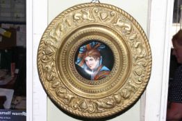 Hand painted plaque in brass frame