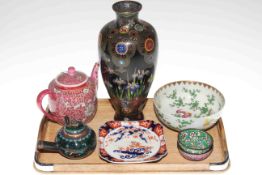 Cloisonne vase and teapot, Oriental bowl, plate and teapot,
