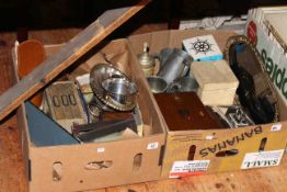 Two boxes with EP wares, binoculars,