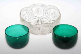 Crystal fruit bowl and two green glass rinsers