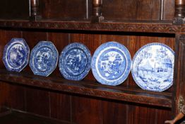 Five blue and white transfer printed plates
