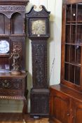 Carved oak 30 hour longcase clock having square brass dial inscribed Abdell,