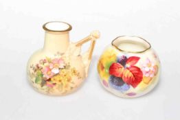 Royal Worcester Blush jug 1138 and small vase with fruit decoration on ivory ground G161