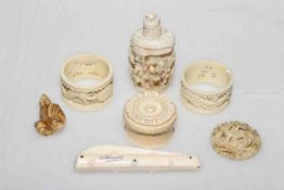 Ivory napkin rings, snuff box,