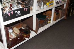 Vintage cases, books, metalware, jelly moulds, tribal clubs and mask, tray,
