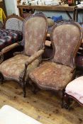 Pair Victorian mahogany framed spoon back ladies and gents chairs