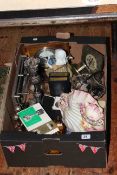 Box of metalware, KPM figure, clocks, pens,