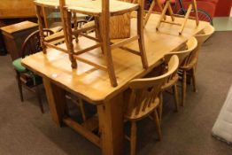 Rectangular pine kitchen table and six beech farmhouse style chairs
