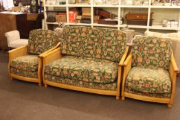 Ercol Bergere panelled three piece lounge suite