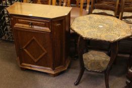 Octagonal carved occasional table and oak side cabinet