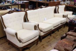 Continental style three piece lounge suite in light buttoned fabric
