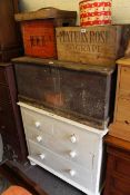 Painted pine four drawer chest, pine trunk, two bottle crates,