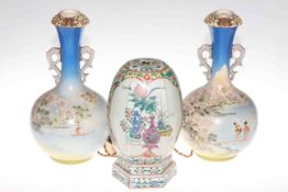 Chinese porcelain hexagonal night light with character marks to base and pair of Japanese vases (3)