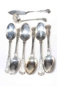 Set of six George IV silver Kings Pattern tablespoons, and similar sifting spoon and butter knife,
