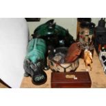 Pottery hippo, dolphins and horses, Sikes Hydrometer, camera, vases, flask etc.