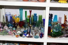 Collection of coloured glassware, paperweights, marbles etc.