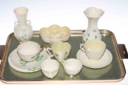 Tray lot of Belleek with vases, cups and saucers etc.