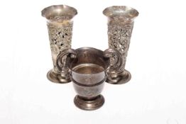 Pair of silver vases and a silver two-handled cup (3)