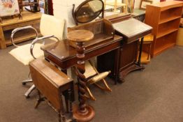 Reproduction Davenport, mahogany fold top tea table, oak Sutherland table, mahogany dressing mirror,