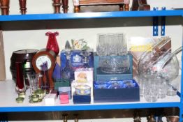 Inlaid balloon mantel clock, glassware including punch set, decanters, Spode cup and saucer etc.