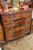 19th century mahogany bow front chest of two short over three long drawers, on splayed legs,
