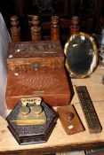Decorative arts brass inkwell, wooden boxes, boudoir mirror, candlesticks,