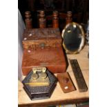 Decorative arts brass inkwell, wooden boxes, boudoir mirror, candlesticks,