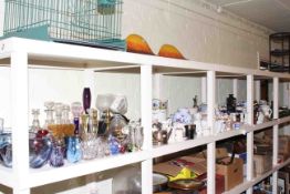 Full shelf of glassware, tea ware, various china, metal ware, ginger jars etc.