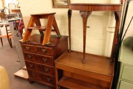 McIntosh teak dinner wagon, mahogany demi lune hall table, mahogany TV cabinet,