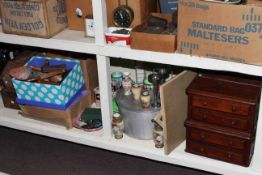 Small dome top box, small four drawer chest, shoe stretcher, wood boxes, china etc.