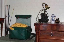 Fishing rods, box and tackle, dolphin and cherub lamp, pair of Oriental figures,