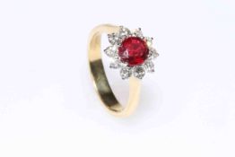 18 carat gold, round ruby and brilliant cut diamond cluster ring,